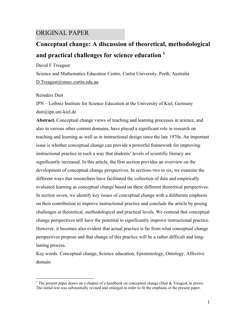 Pdf Conceptual Change A Discussion Of Theoretical Methodological And Practical Challenges For Science Education