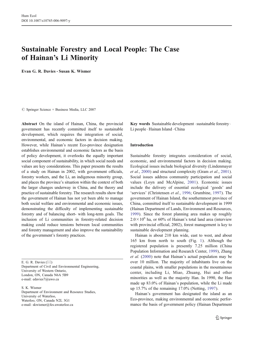 Pdf Sustainable Forestry And Local People The Case Of Hainan S