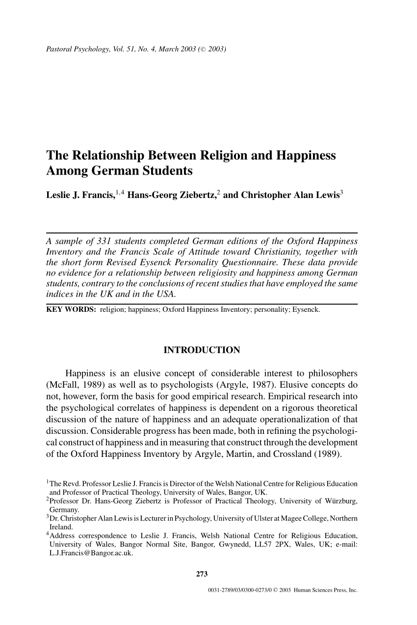 Pdf The Relationship Between Religion And Happiness Among German Students