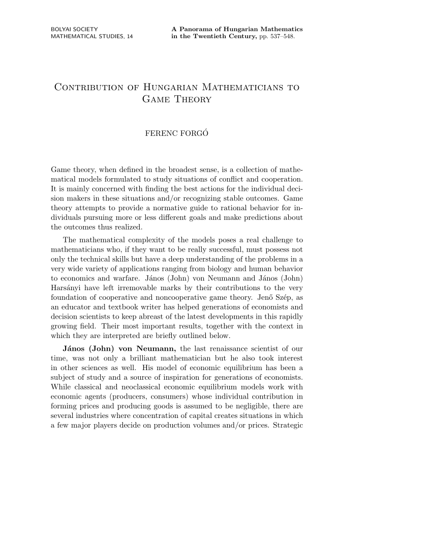 PDF) Contribution of Hungarian Mathematicians to Game Theory