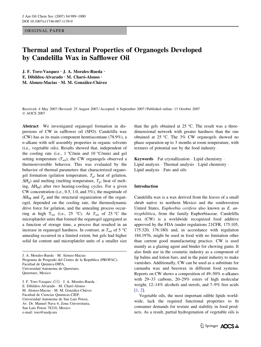 Pdf Thermal And Textural Properties Of Organogels Developed By Candelilla Wax In Safflower Oil
