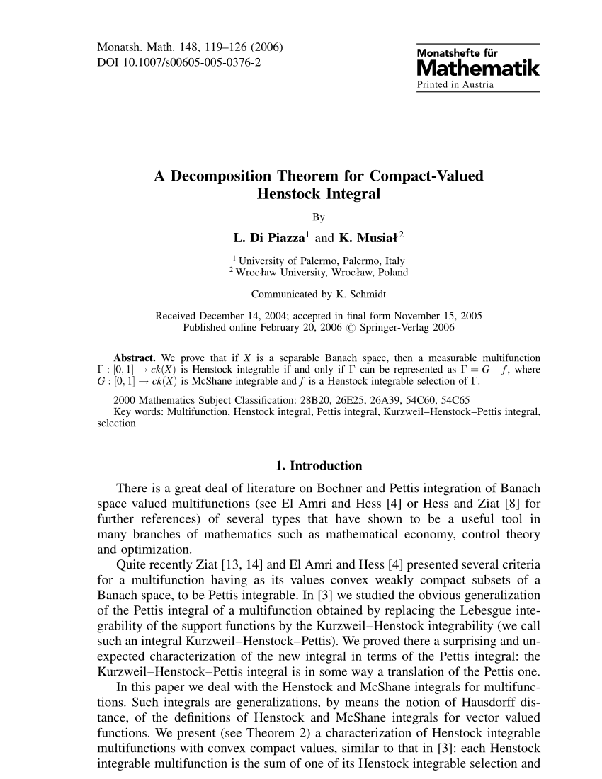 Pdf A Decomposition Theorem For Compact Valued Henstock Integral