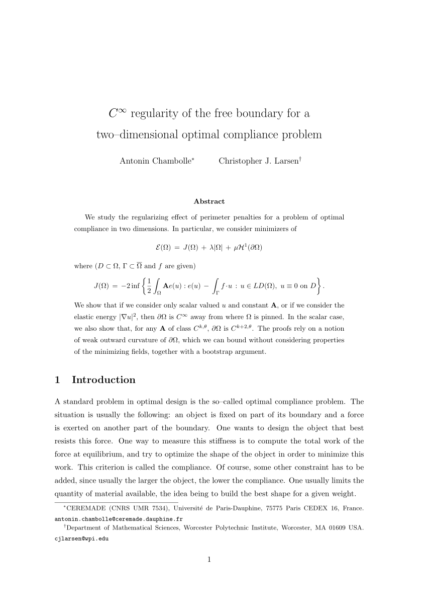 Pdf C Regularity Of The Free Boundary For A Two Dimensional Optimal Compliance Problem
