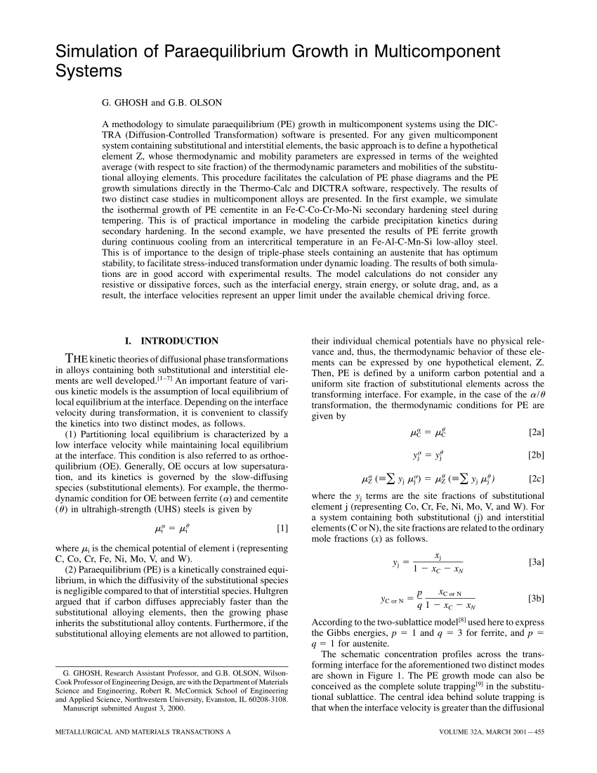 Pdf Simulation Of Paraequilibrium Growth In Multicomponent Systems