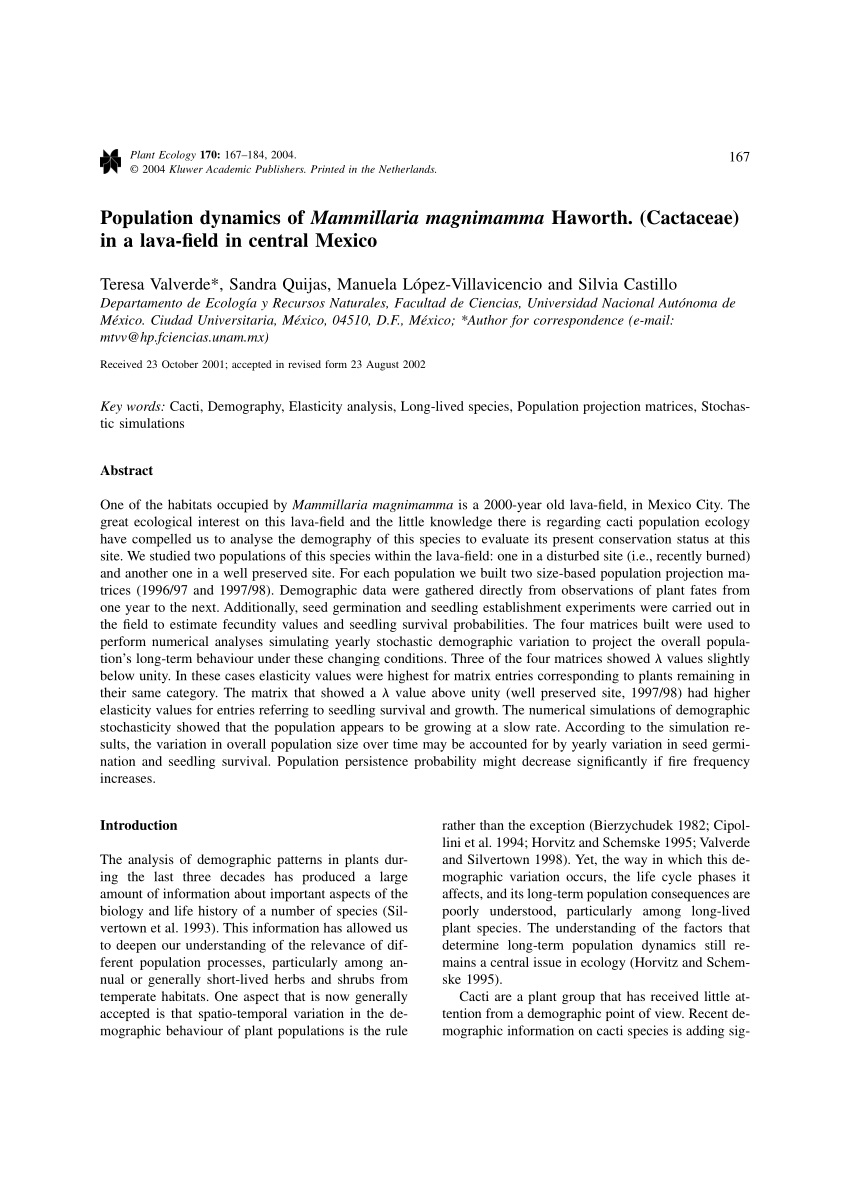 Pdf Population Dynamics Of Mammillaria Magnimamma Haworth Cactaceae In A Lava Field In Central Mexico