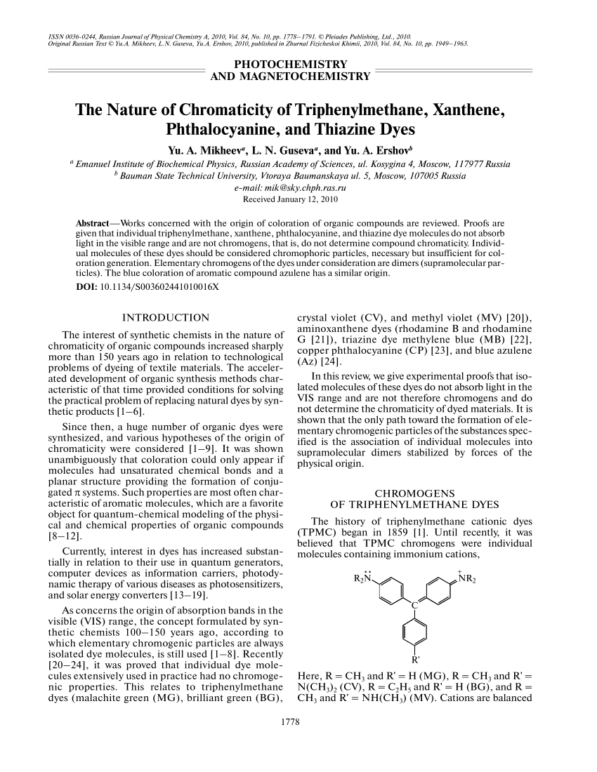 Pdf The Nature Of Chromaticity Of Triphenylmethane Xanthene Phthalocyanine And Thiazine Dyes