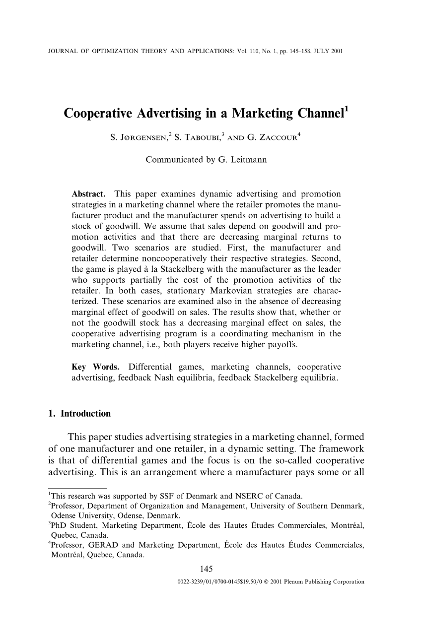 Pdf Cooperative Advertising In A Marketing Channel