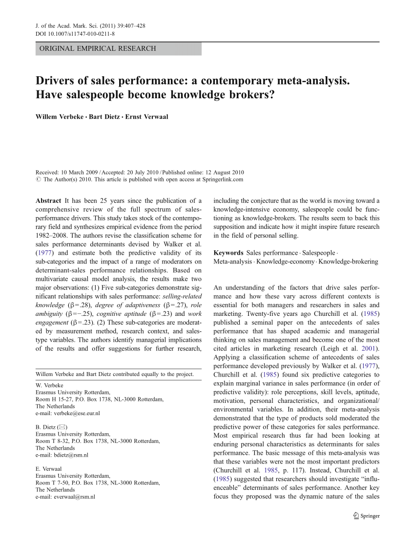 PDF) Drivers of sales performance: A contemporary meta-analysis. Have  salespeople become knowledge brokers?