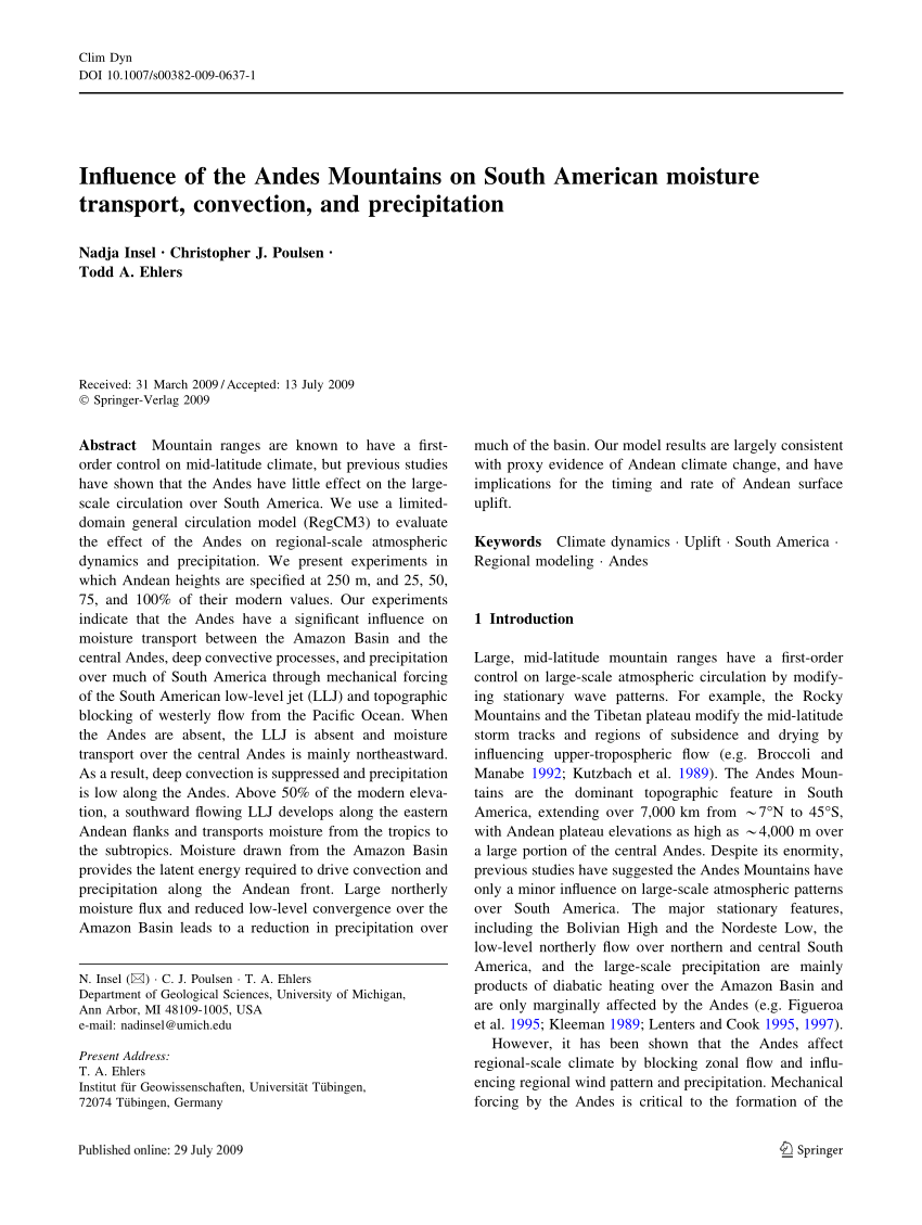 Pdf Influence Of The Andes Mountains On South American Moisture Transport Convection And Precipitation