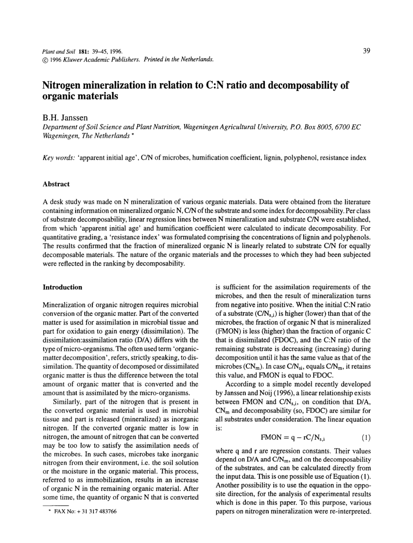 Pdf Nitrogen Mineralization In Relation To C N Ratio And Decomposability Of Organic Materials