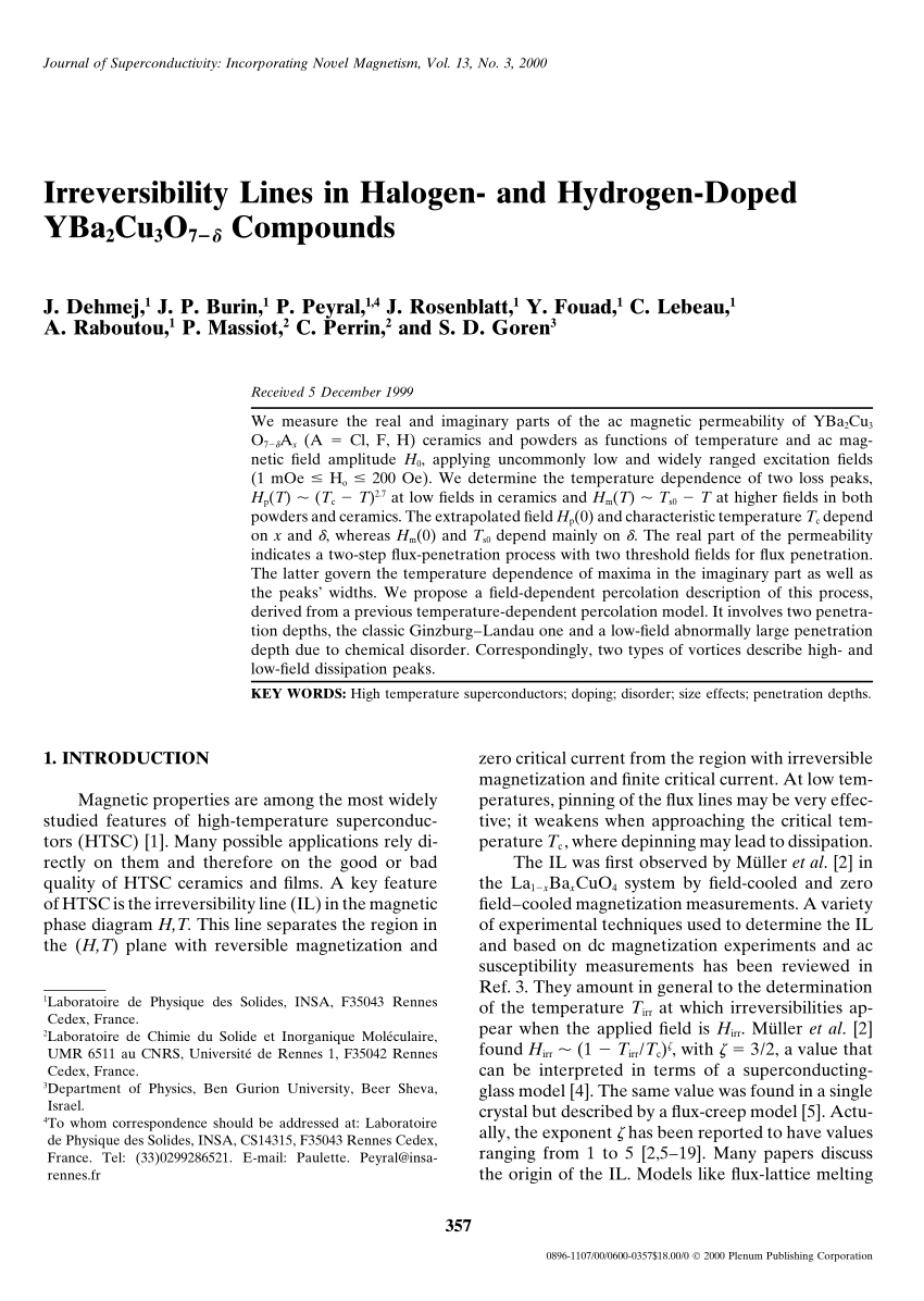 Pdf Irreversibility Lines In Halogen And Hydrogen Doped Yba2cu3o7 D Compounds