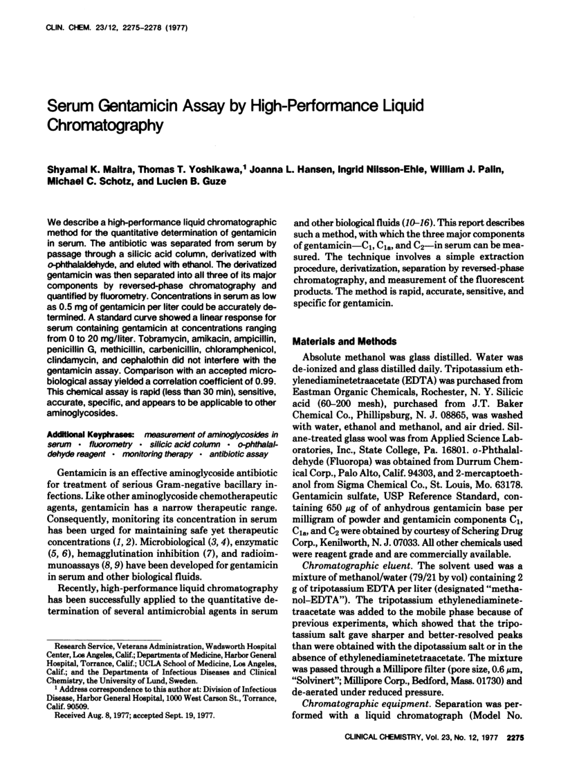 Pdf Serum Gentamicin Assay By High Performance Liquid