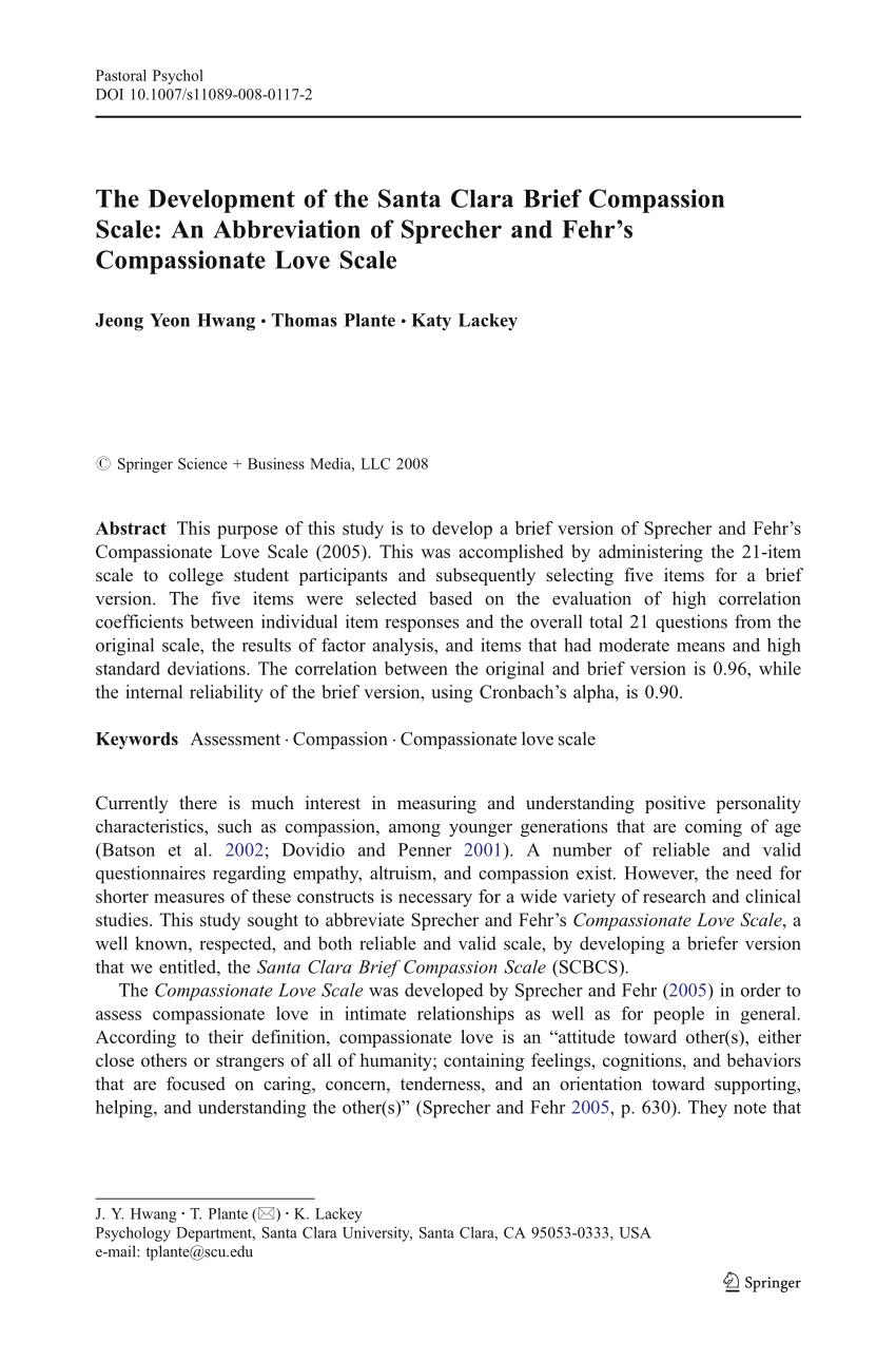 PDF) The Development of the Santa Clara Brief Compassion Scale: An  Abbreviation of Sprecher and Fehr's Compassionate Love Scale