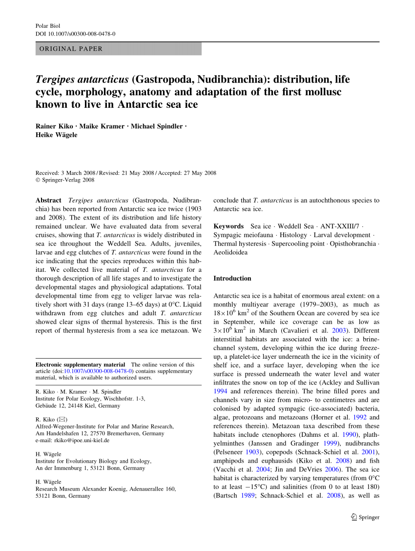 PDF) Tergipes antarcticus (Gastropoda, Nudibranchia): Distribution
