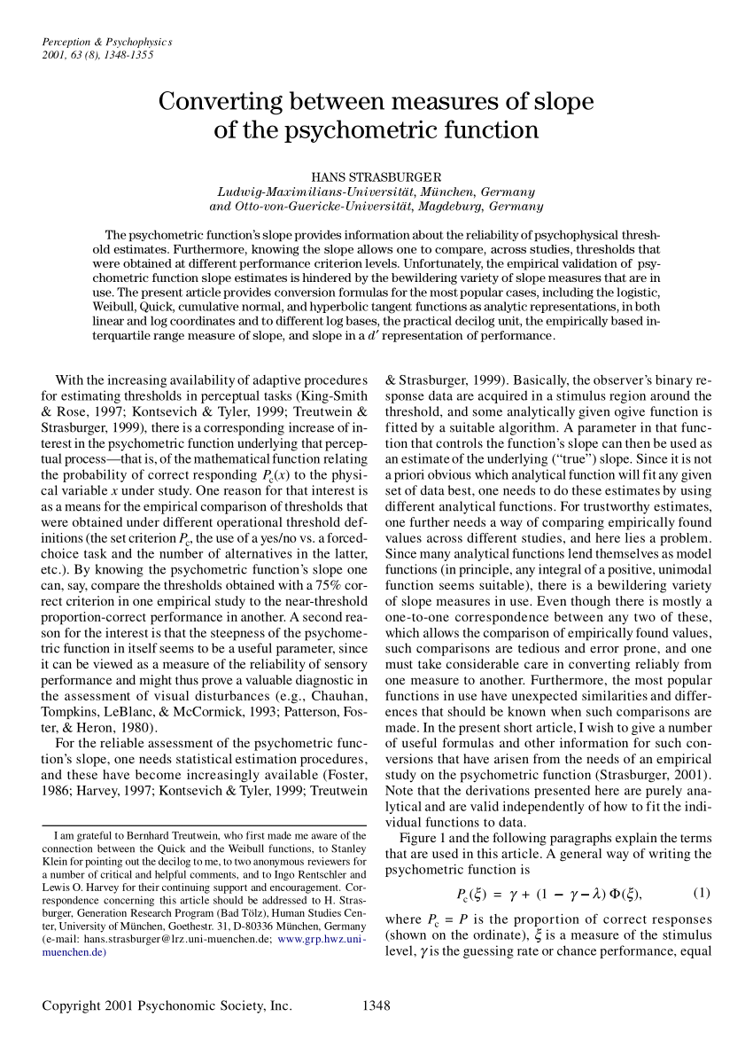 Pdf Converting Between Measures Of Slope Of The Psychometric Function