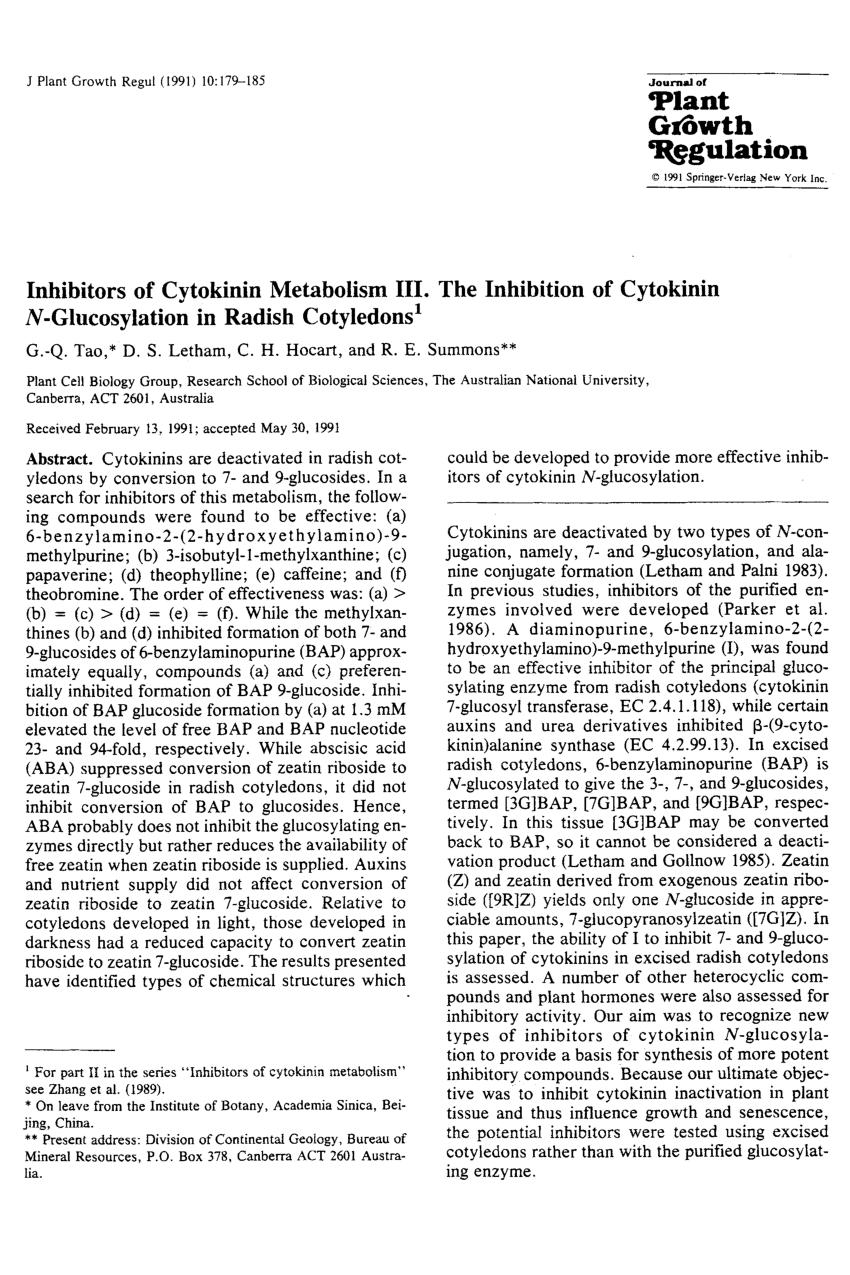 Pdf Inhibitors Of Cytokinin Metabolism Iii The Inhibition Of Cytokininn Glucosylation In Radish Cotyledons