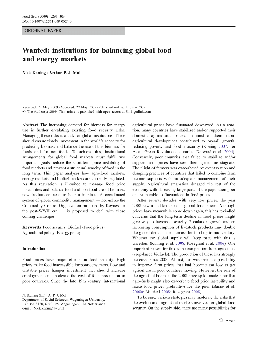 PDF) Wanted: Institutions for balancing global food and energy markets