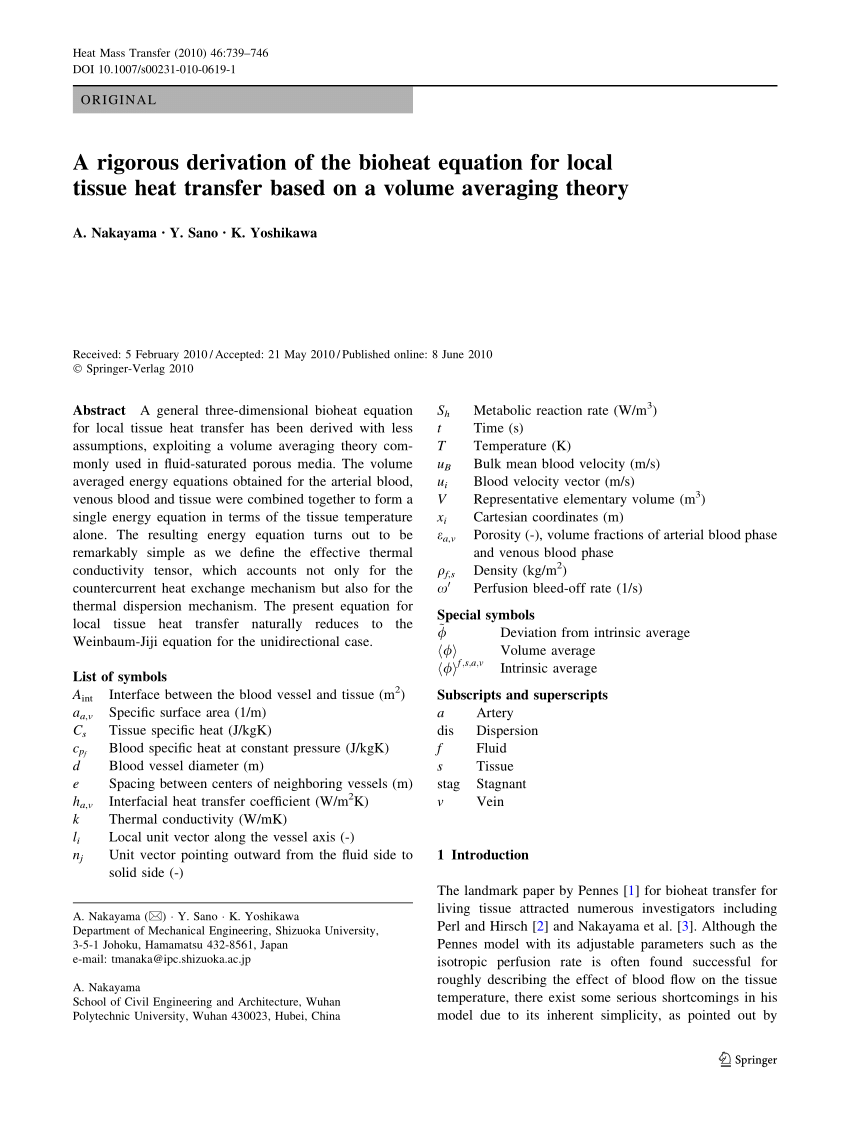Pdf A Rigorous Derivation Of The Bioheat Equation For Local Tissue Heat Transfer Based On A Volume Averaging Theory