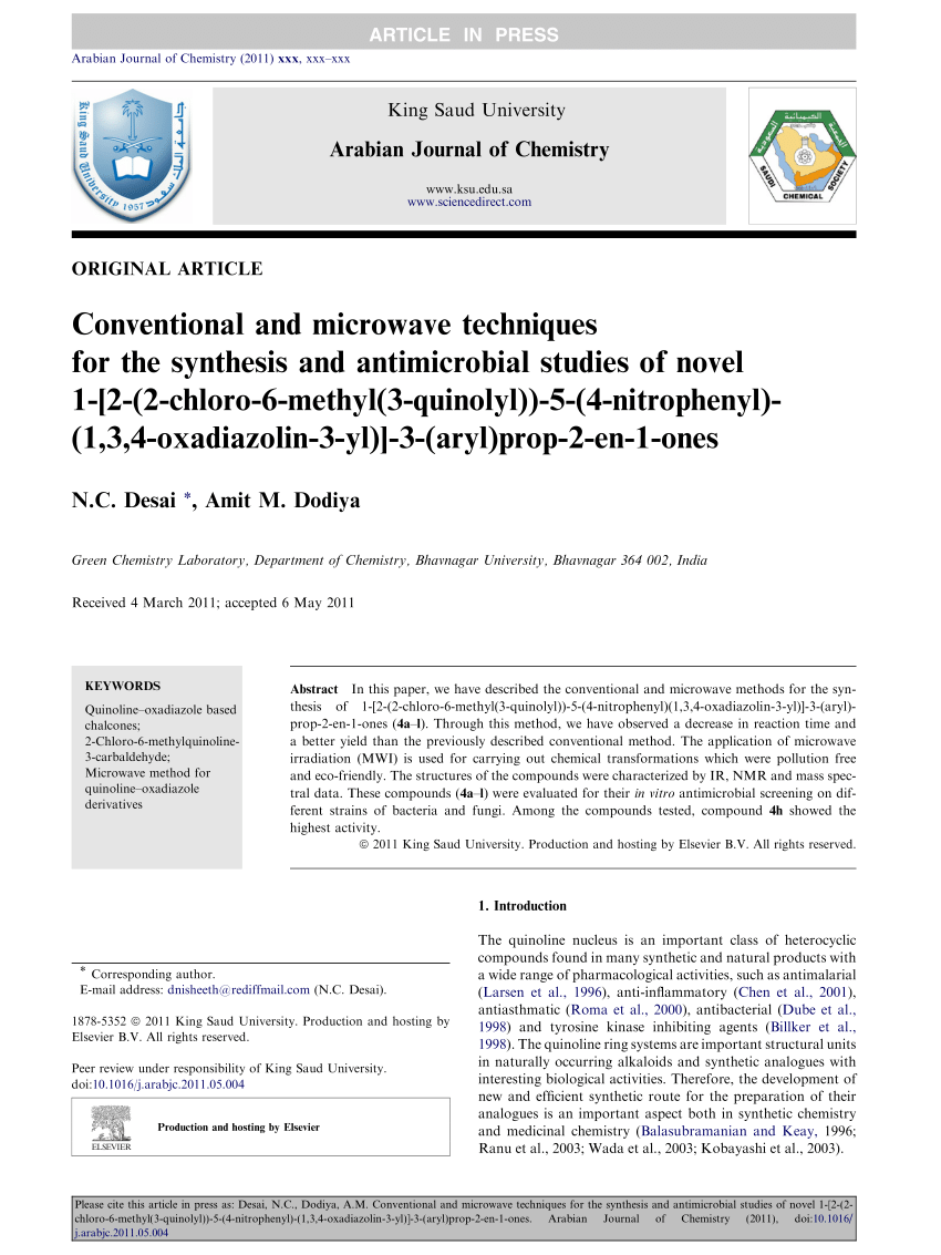 Pdf Conventional And Microwave Techniques For Synthesis And Antimicrobial Studies Of Novel 1 2 2 Chloro 3 Quinolyl 5 4 Nitrophenyl 1 3 4 Oxadiazolin 3 Yl 3 Aryl Prop 2 En 1 Ones