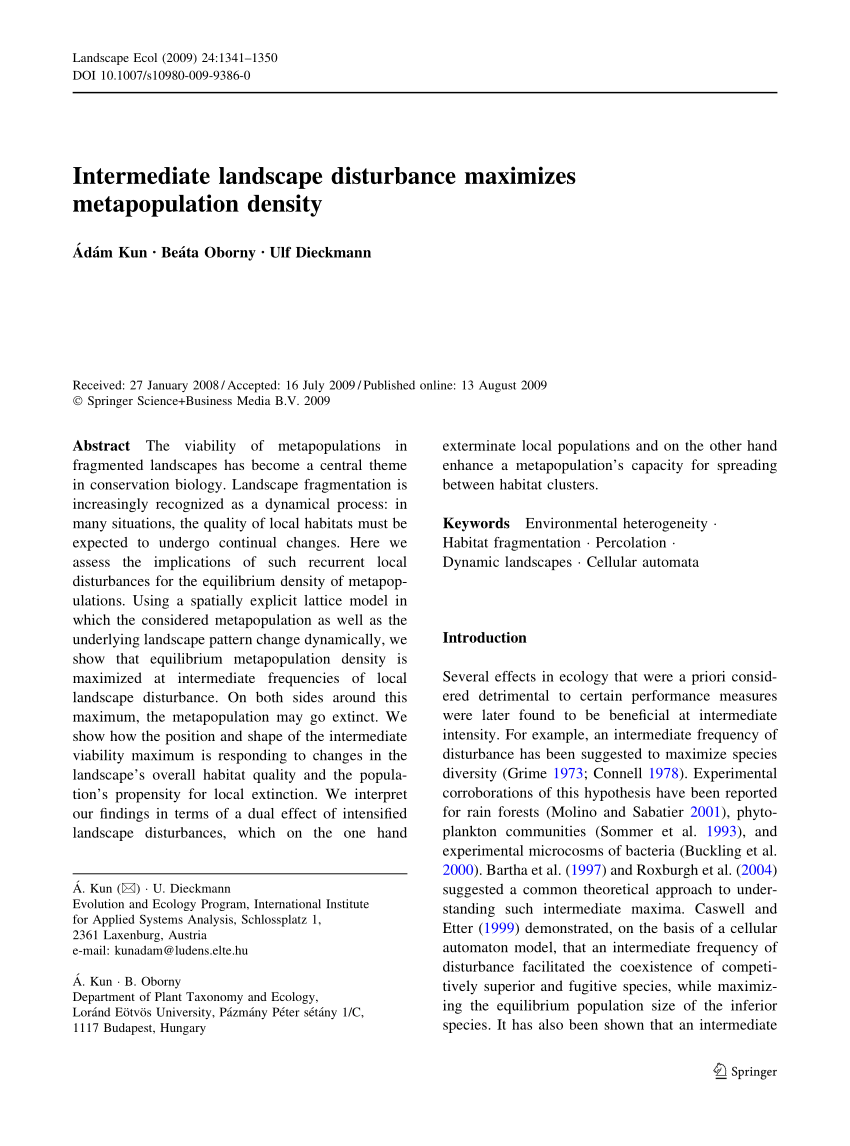 Pdf Intermediate Landscape Disturbance Maximizes Metapopulation Density