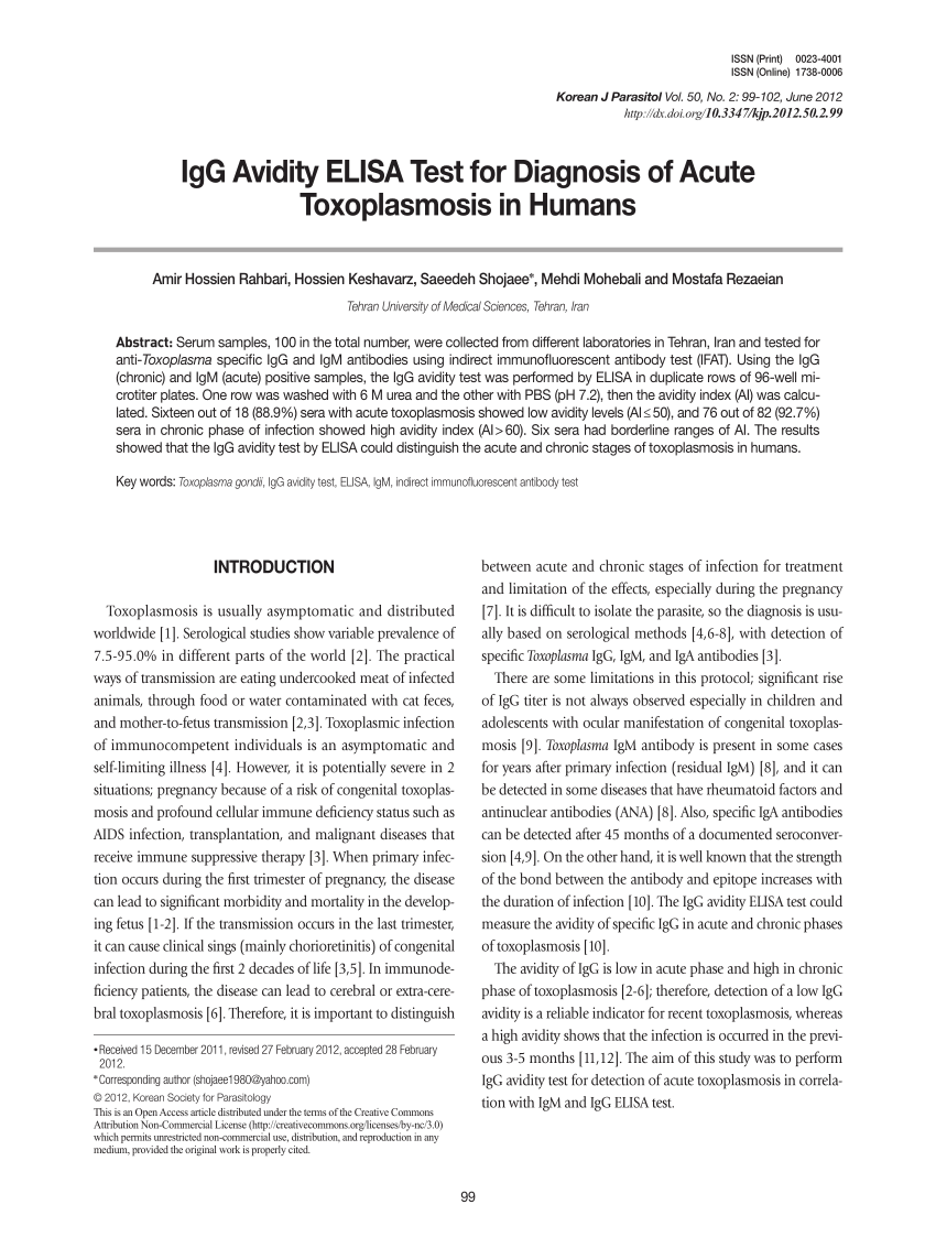 PDF) IgG Avidity ELISA Test for Diagnosis of Acute Toxoplasmosis in Humans
