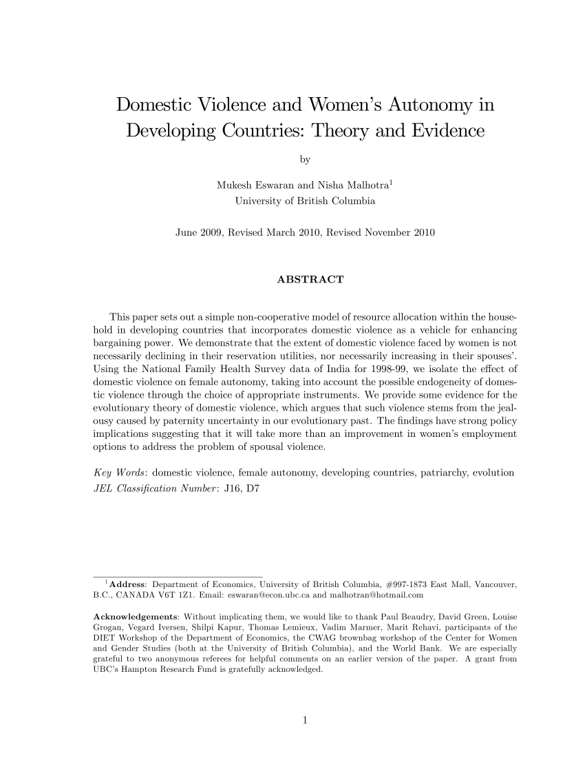 Pdf Domestic Violence And Women S Autonomy In Developing Countries Theory And Evidence