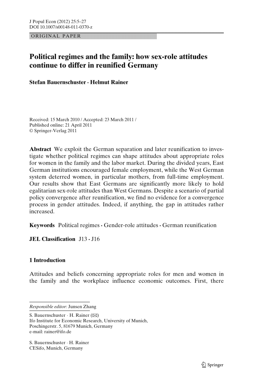 PDF) Political regimes and the family: How sex-role attitudes continue to  differ in reunified Germany