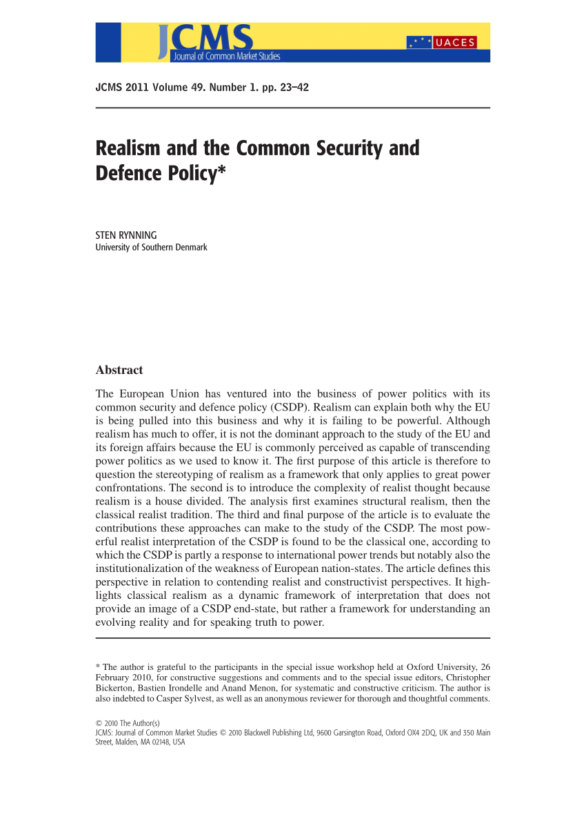 Pdf Realism And The Common Security And Defence Policy