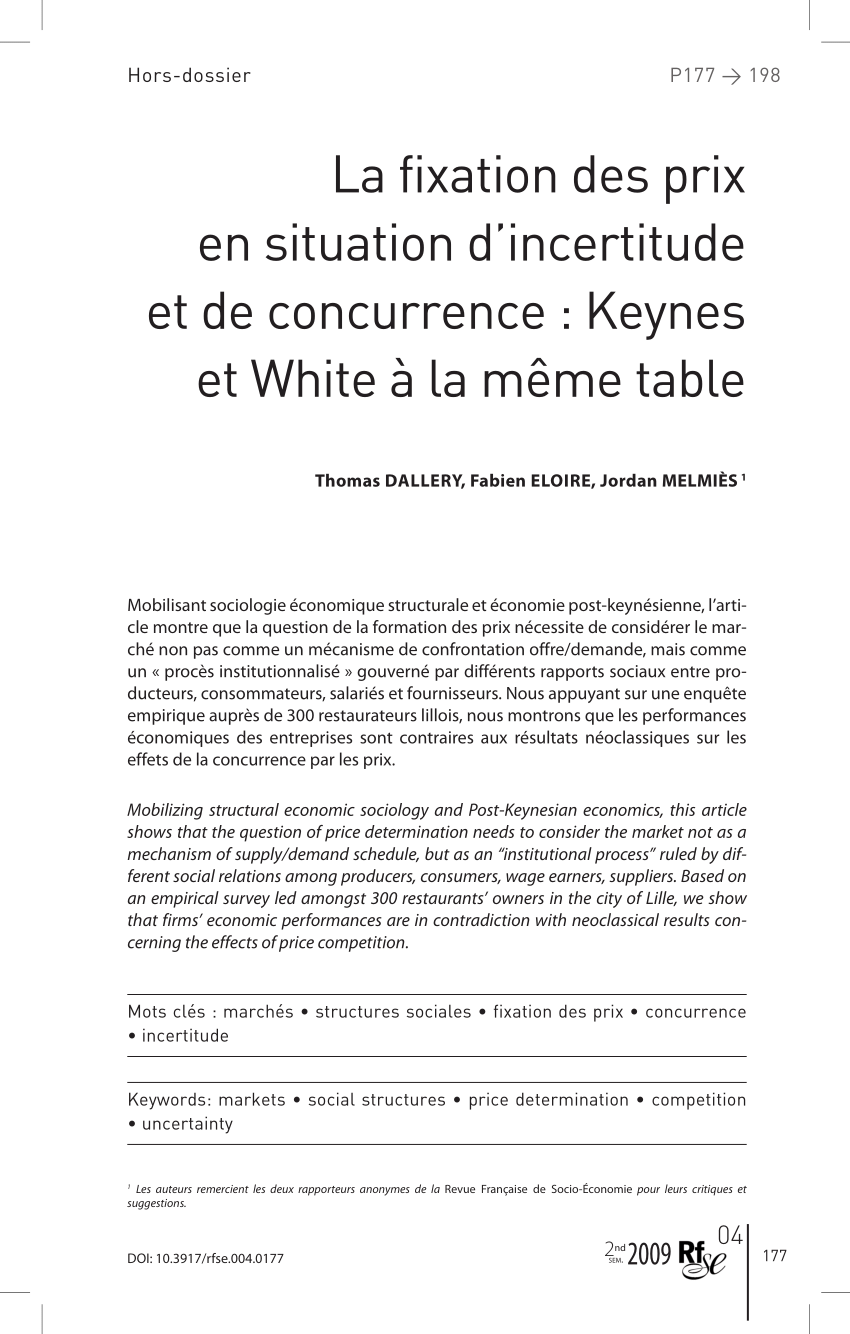 Pdf La Fixation Des Prix En Situation D Incertitude Et De Concurrence Keynes Et White A La Meme Table