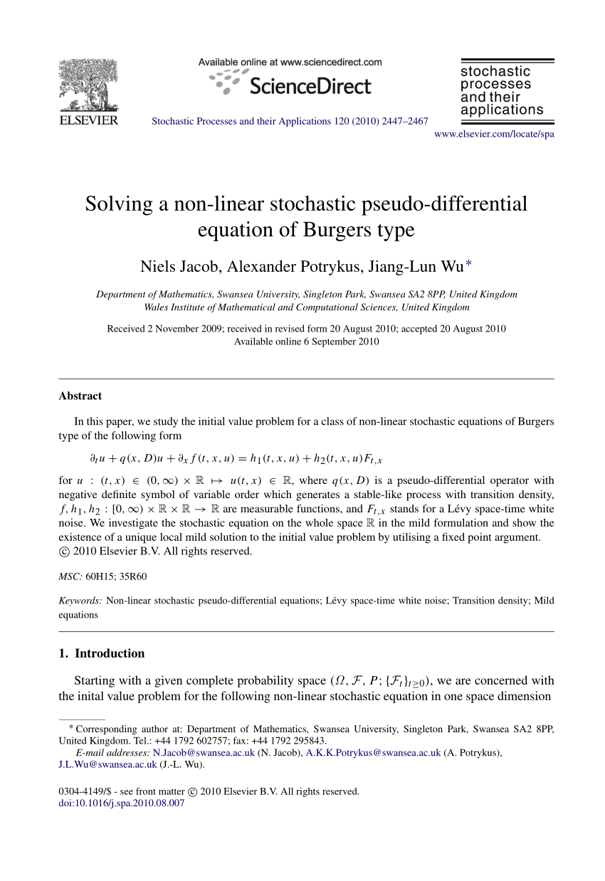 Pdf Solving A Non Linear Stochastic Pseudo Differential Equation Of Burgers Type