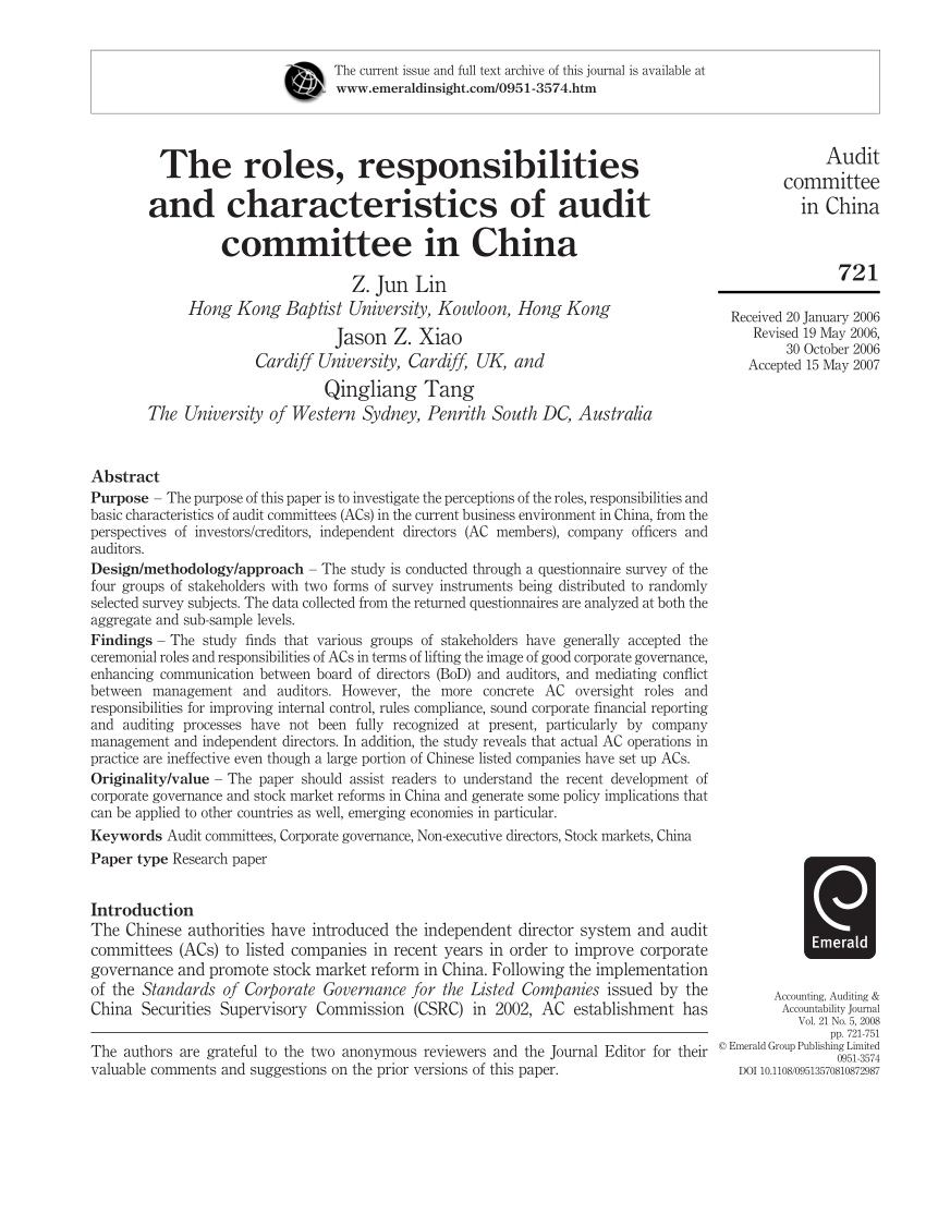 Pdf) The Roles, Responsibilities And Characteristics Of Audit Committee In  China