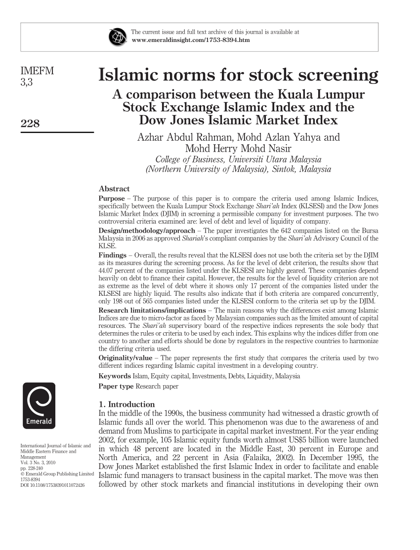 Pdf Islamic Norms For Stock Screening A Comparison Between The Kuala Lumpur Stock Exchange Islamic Index And The Dow Jones Islamic Market Index