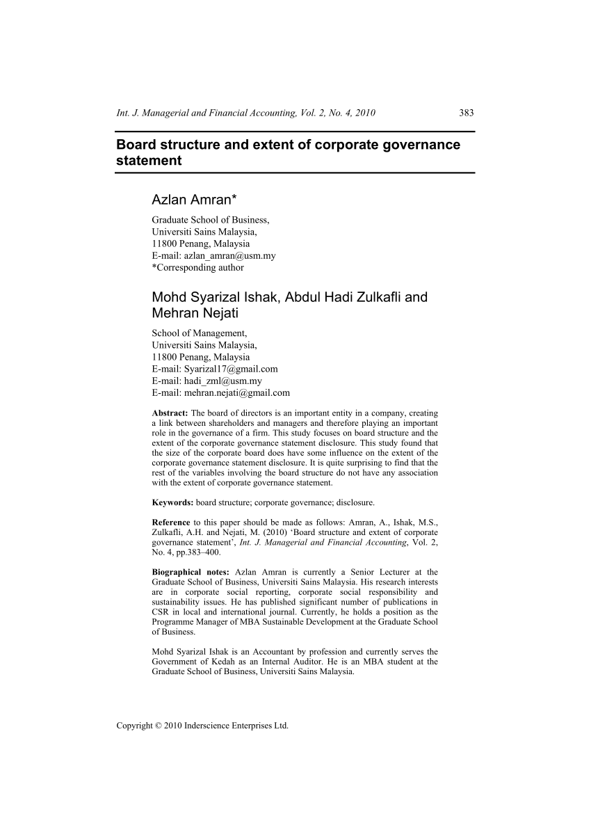 Pdf Board Structure And Extent Of Corporate Governance Statement