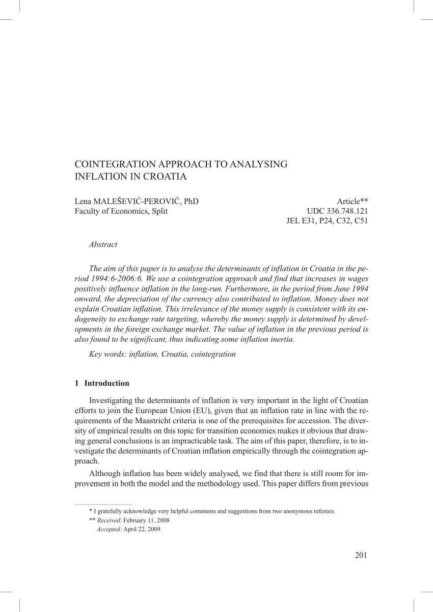 (PDF) Cointegration Approach to Analysing Inflation in Croatia