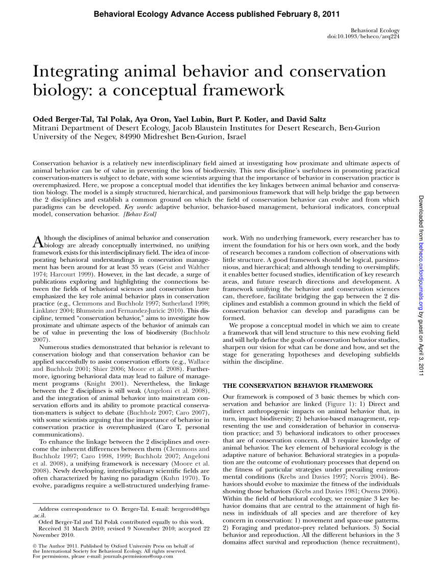 PDF) Integrating animal behavior and conservation biology: A conceptual  framework