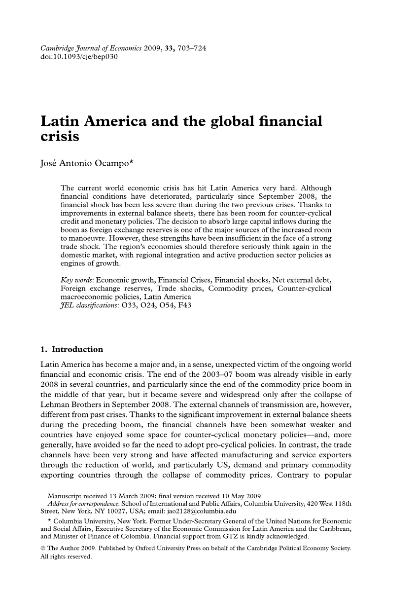 Pdf Latin America And The Global Financial Crisis