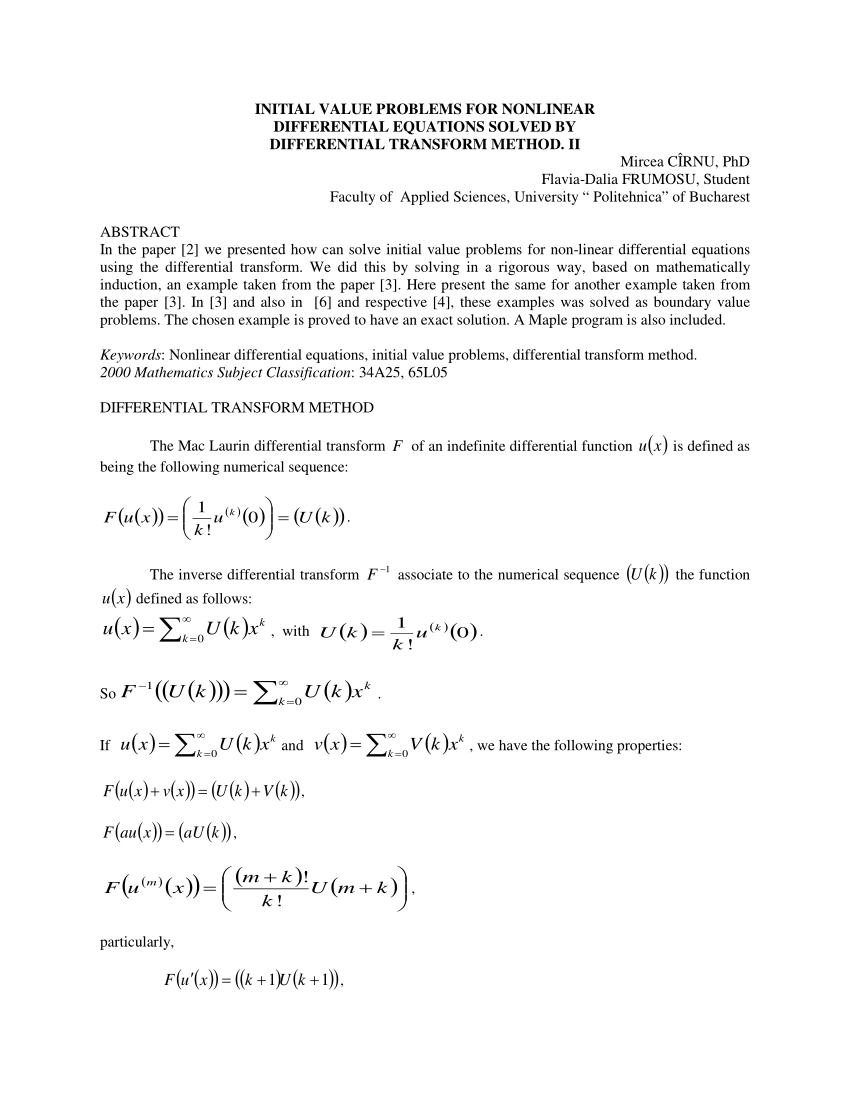 Pdf Initial Value Problems For Nonlinear Differential Equations Solved By Differential Transform Method Ii