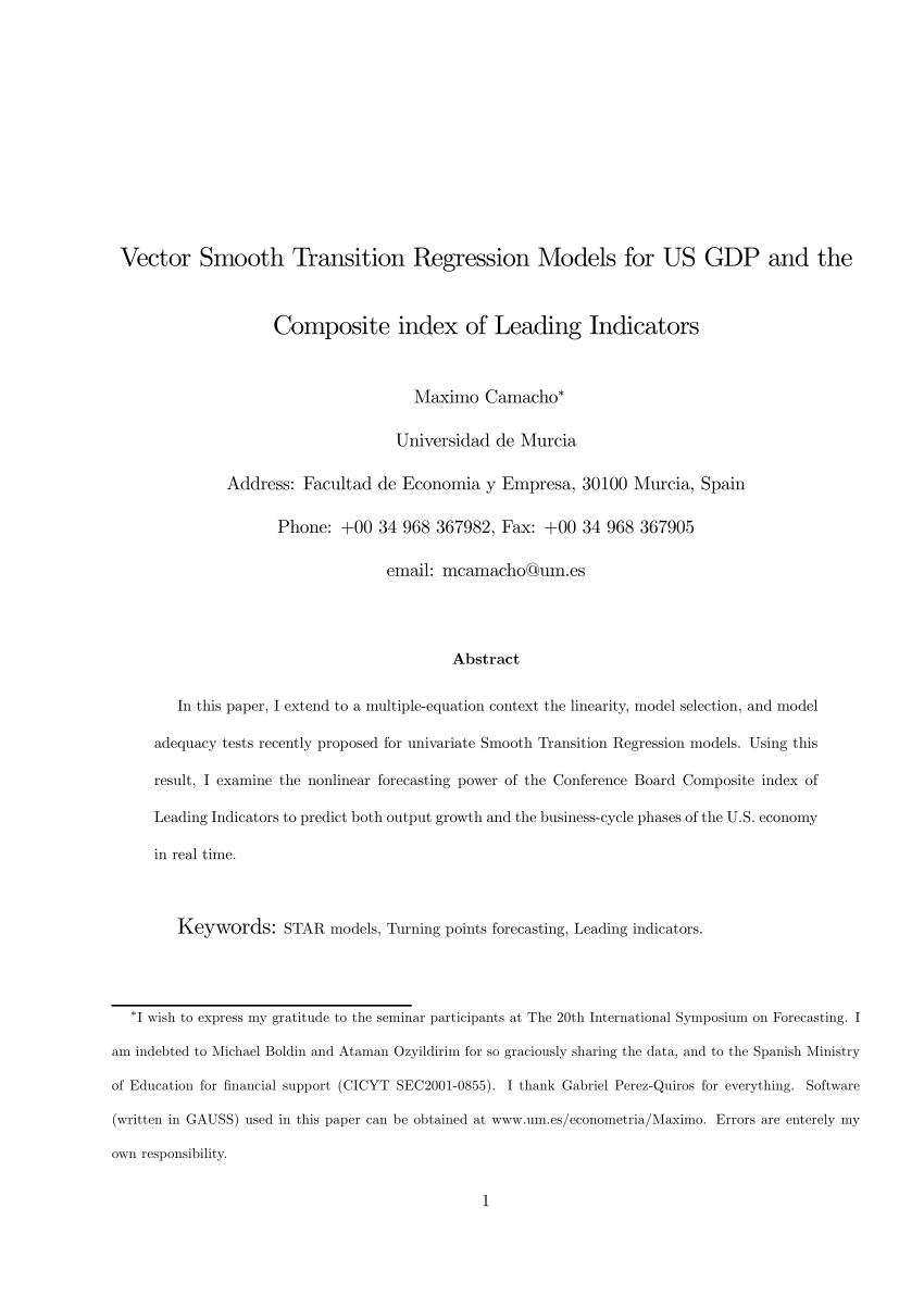 Pdf Vector Smooth Transition Regression Models For The Us Gdp And The Composite Index Of Leading Indicators