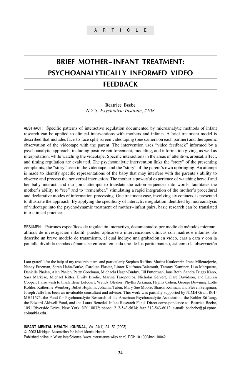 PDF Brief mother infant treatment Psychoanalytically informed