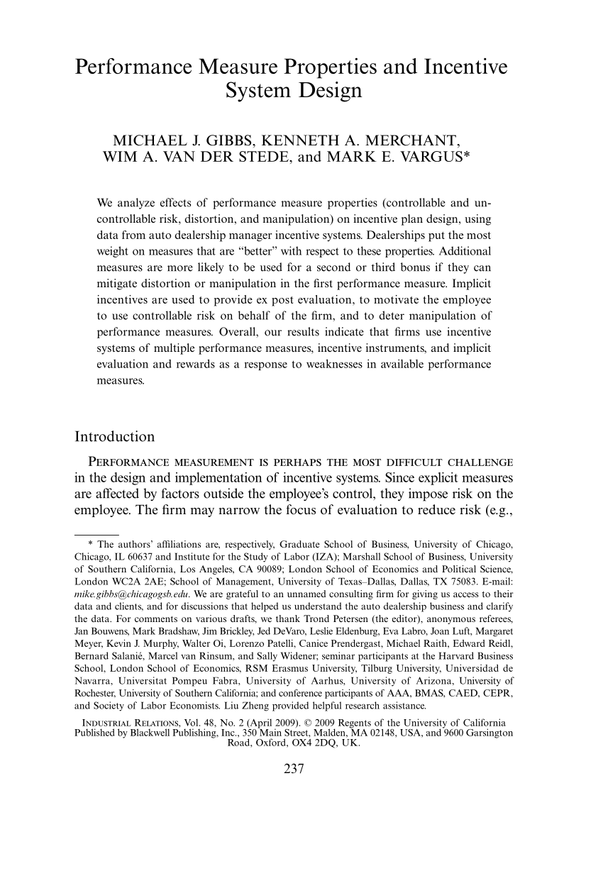 Pdf Performance Measure Properties And Incentive System Design