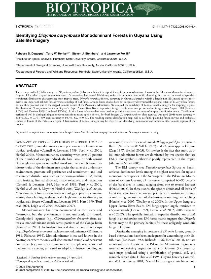 PDF) Identifying Dicymbe corymbosa Monodominant Forests in Guyana