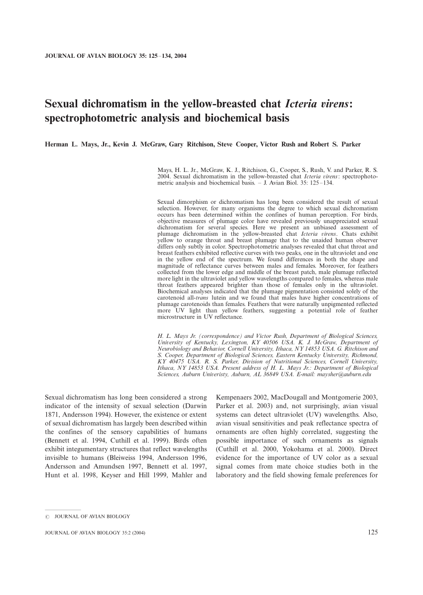 Pdf Sexual Dichromatism In The Yellow Breasted Chat Icteria Virens Spectrophotometric Analysis And Biochemical Basis