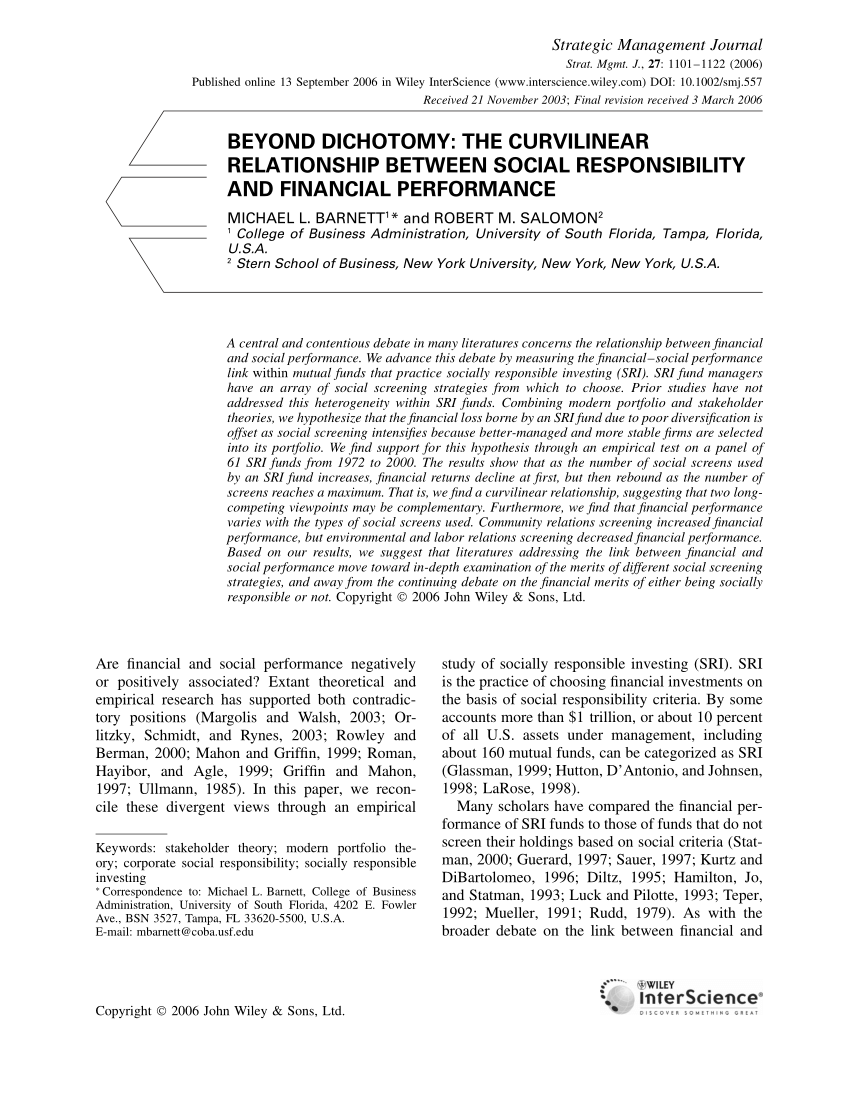 PDF) Beyond Dichotomy: The Curvilinear Relationship between Social Responsibility Financial Performance