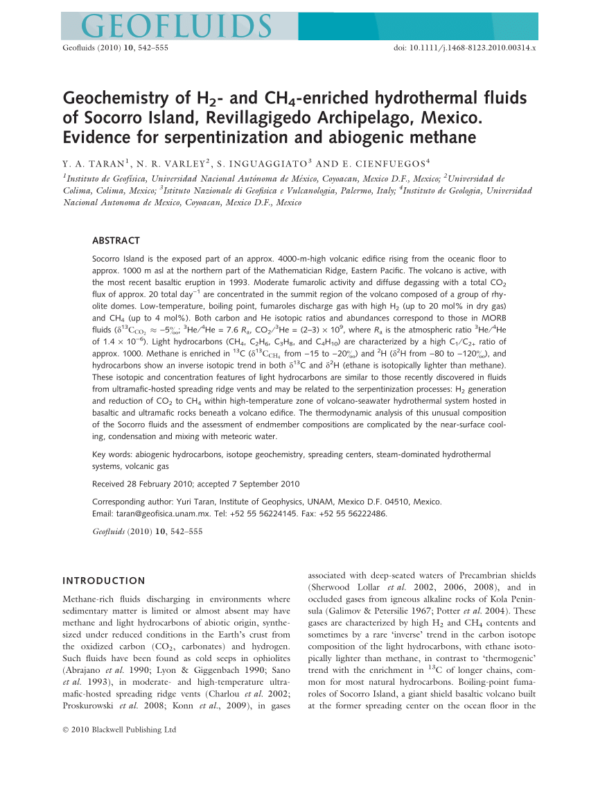 Pdf Geochemistry Of H2 And Ch4 Enriched Hydrothermal Fluids Of Socorro Island Revillagigedo Archipelago Mexico Evidence For Serpentinization And Abiogenic Methane