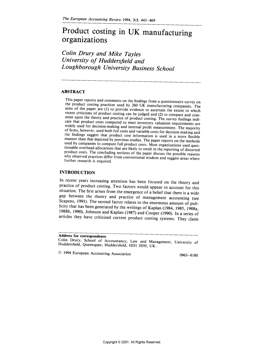 (PDF) Product costing in UK manufacturing organizations