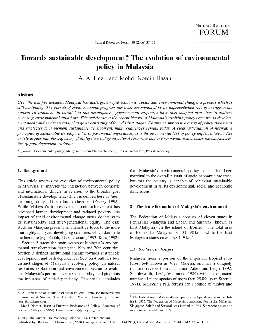 Pdf Towards Sustainable Development The Evolution Of Environmental Policy In Malaysia