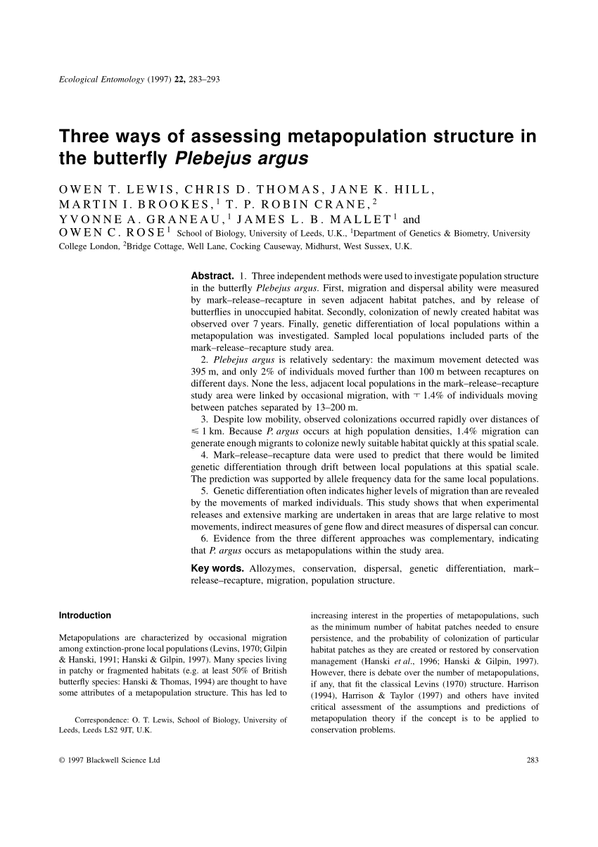 Pdf Three Ways Of Assessing Metapopulation Structure In The Butterfly Plebejus Argus