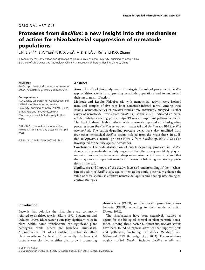Pdf Proteases From Bacillus A New Insight Into The Mechanism Of Action For Rhizobacterial Suppression Of Nematode Populations