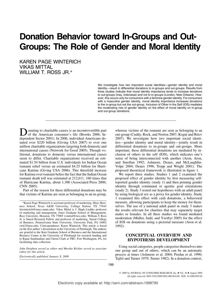 Pdf Donation Behavior Toward In Groups And Out Groups The Role Of Gender And Moral Identity