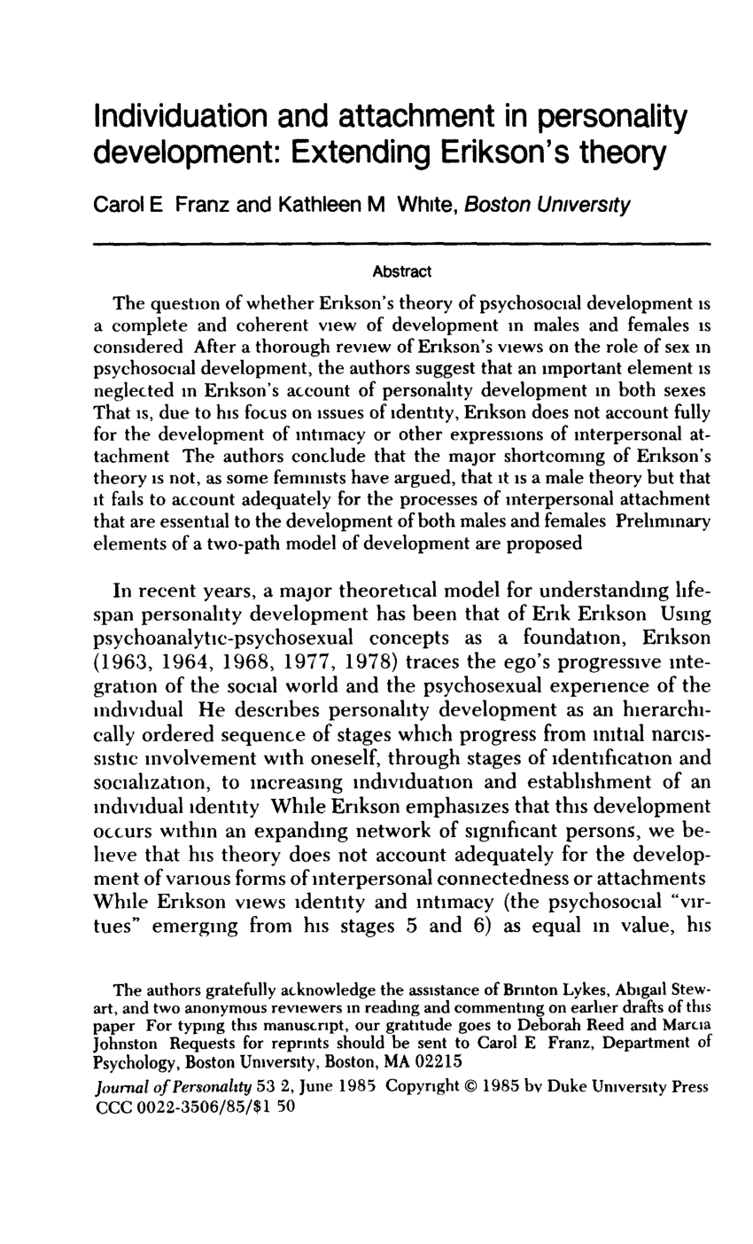 Pdf Individuation And Attachment In Personality Development Extending Erikson S Theory